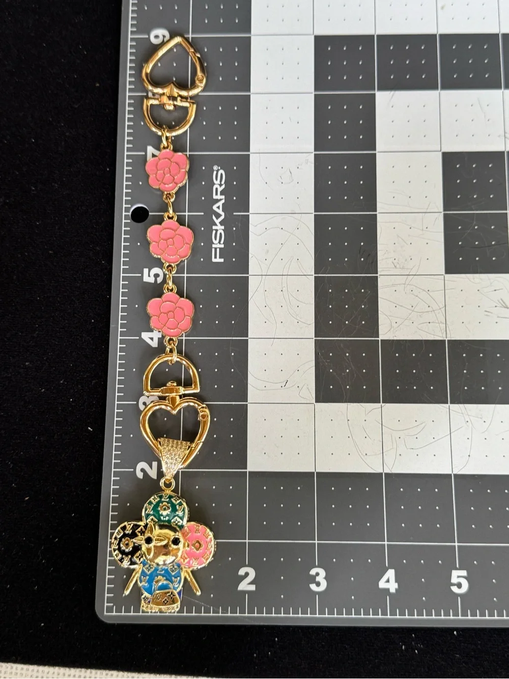 NWOT Gold Monogram Multicolor Mascot Bag Charm Extender Pink Camellia Key chain